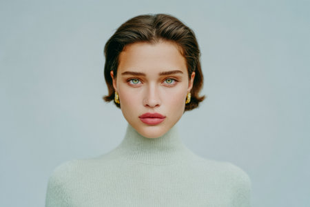 A woman stands facing the camera, her green eyes seen clearly. She has short hair and wears a light-colored sweater. The background is plain and neutral.の素材