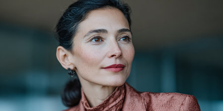 A woman stands indoors with her dark hair tied back. She wears a brown outfit and looks to the side, appearing deep in thought. Soft light fills the area.の素材