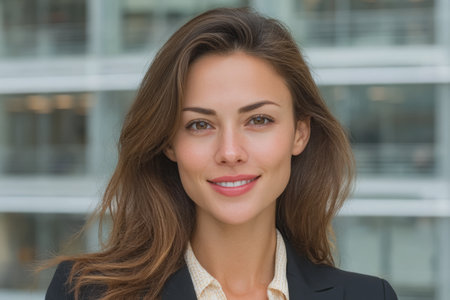 A woman with brown hair smiles while standing outside a modern office building. She wears a dark suit with a light shirt. It is daytime and there are windows in the background.の素材
