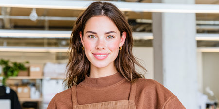 A woman with long brown hair smiles at the camera while wearing a brown sweater. She stands in a modern workspace with light-colored walls and furniture.の素材