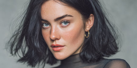 A young woman stands in front of a plain background. She has dark hair and blue eyes. Her expression is confident. She wears a simple dark top and gold hoop earrings.の素材