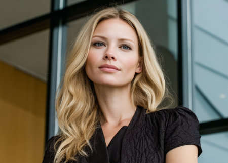 A woman poses in a modern office with large windows. She has long, wavy hair and wears a black outfit. The sunlight creates a bright atmosphere around her.の素材