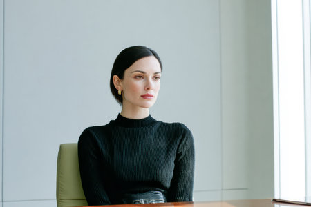 A woman sits at a table in a modern office. She appears focused and thoughtful, waiting for others to join the discussion. The setting includes large windows letting in natural light.の素材