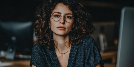 A woman with curly hair and round glasses sits in an office. She looks directly at the camera with a serious expression. The workspace has computers and soft lighting.の素材