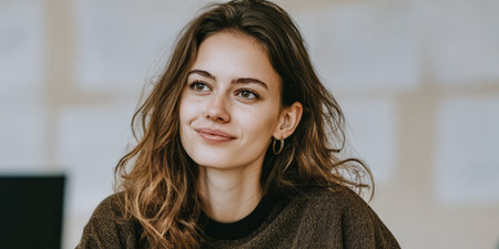 A girl is seated at a desk with a laptop, smiling as she listens to her colleagues during a meeting. The office has a modern design with soft lighting and neutral colors.の素材