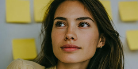 A woman sits indoors with sticky notes on the wall behind her. She looks up with a thoughtful expression. The light from the window brightens the space.の素材