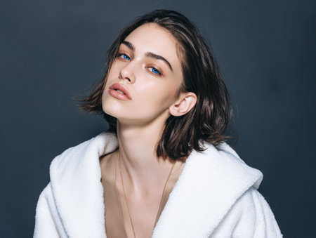 A model poses with a serious expression wearing a white coat. The background is dark, creating a strong contrast. Soft lighting highlights her features.の素材