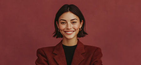 A woman stands smiling against a plain red background. She wears a burgundy blazer and has short hair. The scene suggests a casual studio photoshoot.の素材