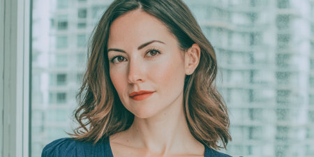 A woman stands by a window in a modern room. She has brown hair and looks directly at the viewer. The cityscape is visible outside the glass, indicating daytime.の素材