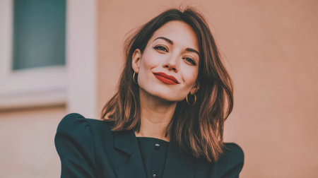 A woman stands outside in front of a pink wall. She has brown hair, wears a black outfit, and smiles happily at the camera in the sunlight.の素材