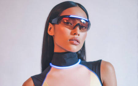 A woman stands confidently wearing futuristic sunglasses and a sleek outfit. Her long hair frames her face as she poses against a plain backdrop, showcasing modern fashion.の素材