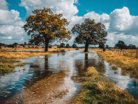 Water covers a dirt path in a rural setting. Two large trees stand beside the water under a blue sky filled with clouds. Nearby, fields and distant buildings are visible.の素材