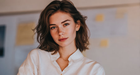 A young woman stands in an indoor space. She has medium-length hair and looks directly at the camera. Papers and notes are visible on the wall, suggesting a workspace. The light is soft and warm.の素材