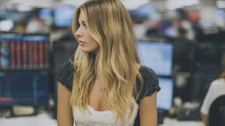 A woman with long hair stands in an office space filled with computer screens showing financial data. She appears focused yet distant as others work around her. The atmosphere is professional.の素材
