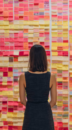 A woman stands in front of a large wall filled with colorful sticky notes in an art space. She appears deep in thought while examining the notes.の素材