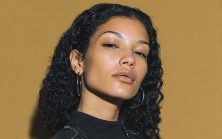 A young woman stands with a confident look against a yellow wall. She has curly hair and wears large hoop earrings. The setting is simple, focusing on her expression.の素材