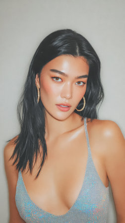 A model stands still for a close-up while wearing a shiny top and large hoop earrings. She looks directly at the camera with a neutral expression. The setting is simple and dim.の素材