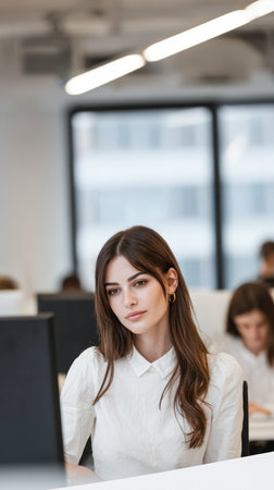 A young woman sits at a desk in a bright, modern office. She looks at her computer screen with concentration while coworkers engage in their own work around her.の素材