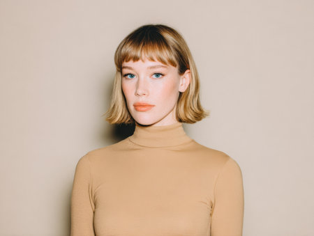 A woman poses confidently with short hair and a turtleneck top. She stands in front of a plain beige wall during a studio session, looking directly at the camera.の素材