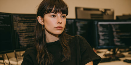 A young woman sits at a desk in an office. She focuses on her work in front of multiple computer screens. The screens show lines of code in a bright workspace, reflecting a tech environment.の素材