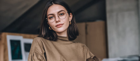 A young woman stands indoors in a casual setting. She wears glasses and a simple top. The background features boxes and some artwork on the wall.の素材
