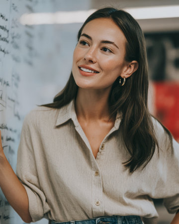 A woman stands in a workspace with writing on the wall. She smiles while holding a marker, looking engaged in her activity. The scene shows a bright environment during the day.の素材