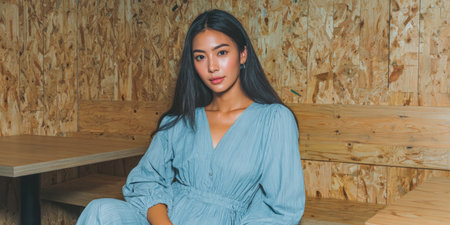 A woman with long hair poses on a wooden bench in a simple indoor space. She is wearing a blue dress and looking directly at the camera with a focused expression.の素材