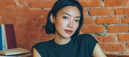A young woman with short hair looks directly at the camera while sitting in a warm indoor setting. The brick wall creates a simple backdrop, with books nearby.の素材