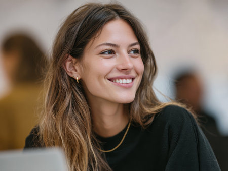 A young woman with long hair sits in a cafe. She smiles while looking at someone. The cafe has a warm atmosphere with people in the background.の素材