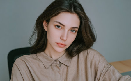 A person sits indoors and looks straight ahead with a neutral expression. They wear a long-sleeve shirt and are in a simple background with a desk. Soft lighting highlights their features.の素材