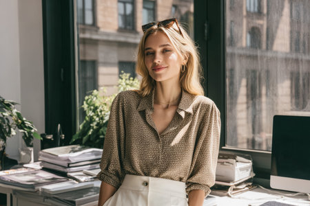 A woman with long hair stands in an office with large windows, wearing a casual outfit. She smiles and holds sunglasses while standing by a desk filled with magazines.の素材