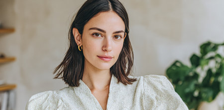 A woman with shoulder-length hair is posing indoors. She stands in front of a light-colored wall and a green plant. She looks directly at the camera with a neutral expression.の素材