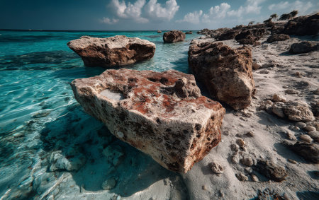 Rocks stand in shallow water at a beach. The clear blue water reflects the sky and the surrounding landscape. The sun shines down on the scene. Few clouds are visible.の素材