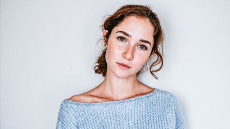 A young woman stands with a neutral expression, wearing a light sweater. She is in front of a plain wall, and natural light is softly illuminating her face.の素材
