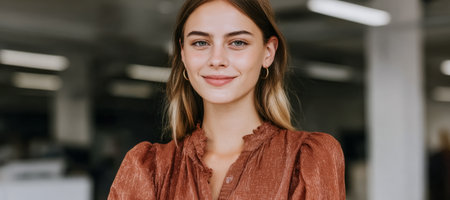 A woman stands in a modern office with bright lights. She smiles while looking at the camera. Her brown top matches the office environment. It is daytime.の素材