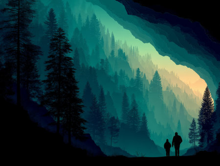 Two figures walk along a path in a forest filled with tall trees. The sun sets behind distant mountains, creating a colorful sky.の素材