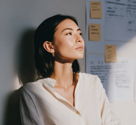 A woman sits by a wall covered with notes. She looks up thoughtfully while sunlight streams in, casting shadows in the room. Her expression is calm as she contemplates.の素材