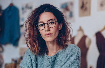 A woman with curly hair wearing glasses stands in a room filled with fabric and art. She looks at the camera with a serious expression. The background has clothing draped on mannequins.の素材