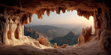 A view from a cave shows mountains and hills at sunset. The golden light streams through the cave opening. Nature surrounds the rocky formations.の素材