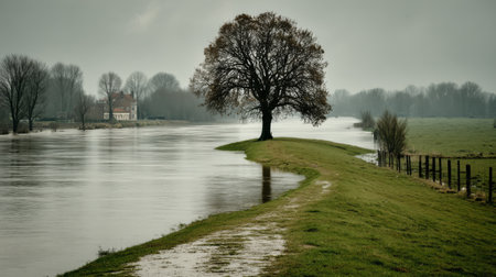 A river flows slowly along a grassy bank with a single tree standing tall. A house appears on the far side. The sky is gray and overcast. This scene captures the quietness of nature.の素材