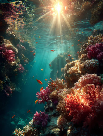 Coral reefs with various colors and shapes fill the view underwater. Small fish swim around the corals as sunlight creates patterns on the ocean floor.の素材