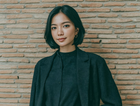 A young woman stands with a neutral expression in black clothing. She is near a brick wall with warm light surrounding her. Her hair is shoulder-length and styled simply.の素材
