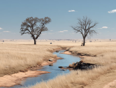 A stream flows between two trees in a wide grassy area under a clear sky. The landscape shows distant hills and sparse vegetation typical of the region.の素材