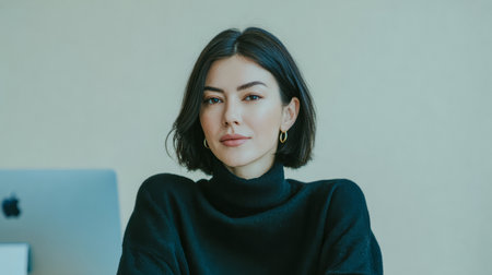 A woman with short hair sits at a desk in an office. She wears a black sweater and looks straight ahead with a focused expression. A computer is visible behind her.の素材