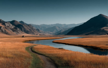 A winding path leads through golden grass by a river in a valley surrounded by mountains. The scene is set in the afternoon with clear skies and distant peaks.の素材