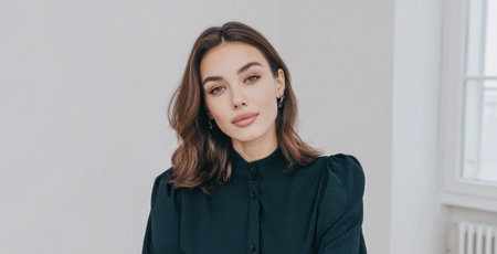 A woman stands in a well-lit indoor space wearing a dark blouse. She has long hair and looks directly at the camera with a neutral expression. The background is simple and light.の素材