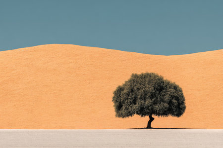 A single tree grows on flat ground near a sandy hill. The bright sky and warm colors create a stark view. This scene captures the essence of nature in a simple landscape.の素材