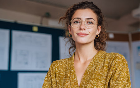 A young woman stands in an office with design plans on the wall behind her. She smiles confidently while wearing glasses. This scene shows an active work environment during the day.の素材