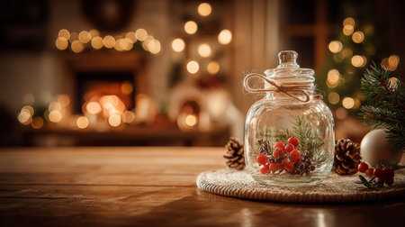 A glass jar holds red berries and pine branches placed on a table. Soft warm lights shine from a fireplace in the background, creating a cozy atmosphere.の素材