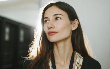 A woman stands in an indoor setting with natural light behind her. She gazes upward with a calm expression. Her hair is long and flowing. The background is blurred, showing dark elements.の素材